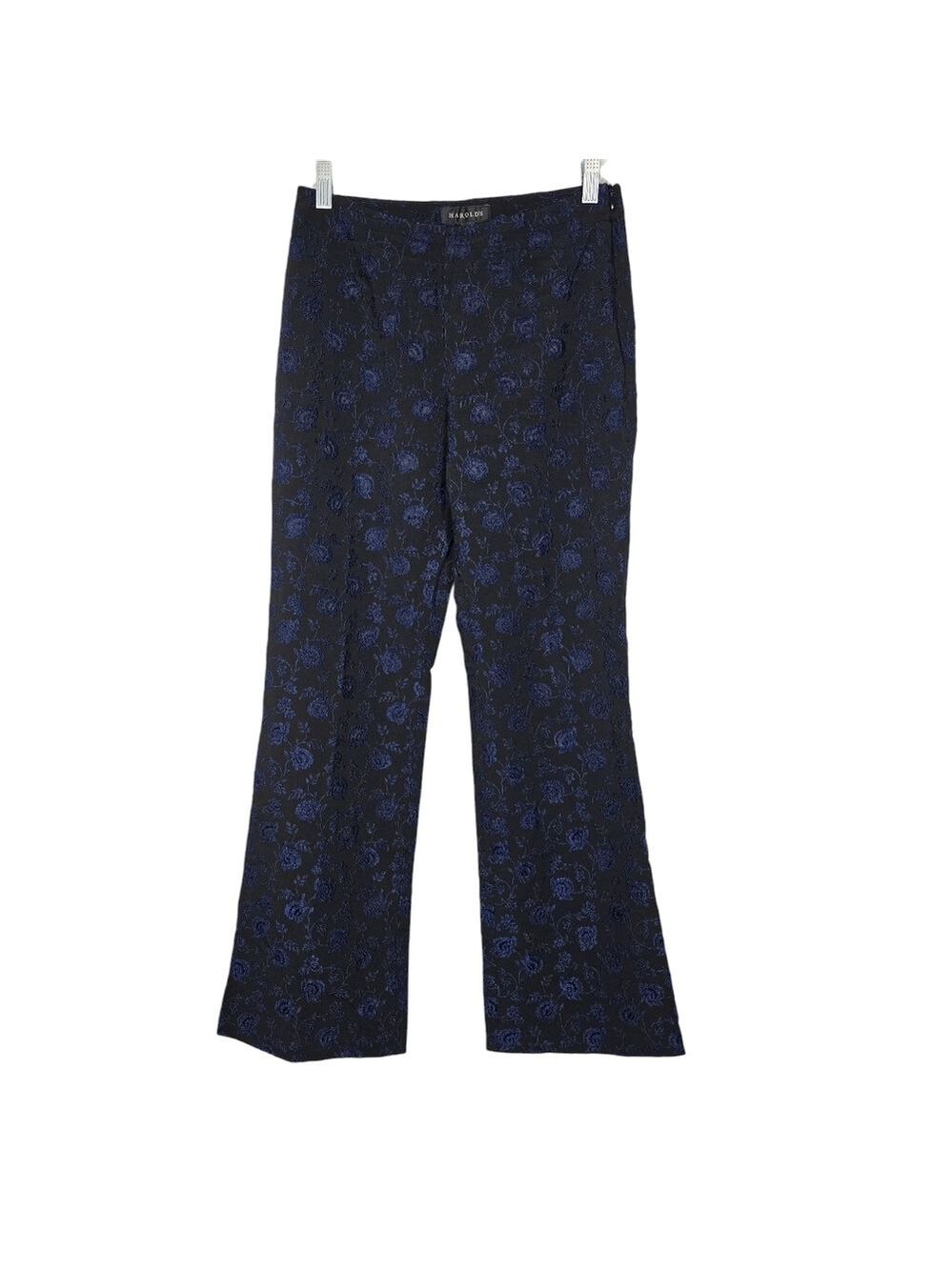 Harold’s Floral Jacquard Pants 6 Navy Black Brocade Trousers Cocktail
